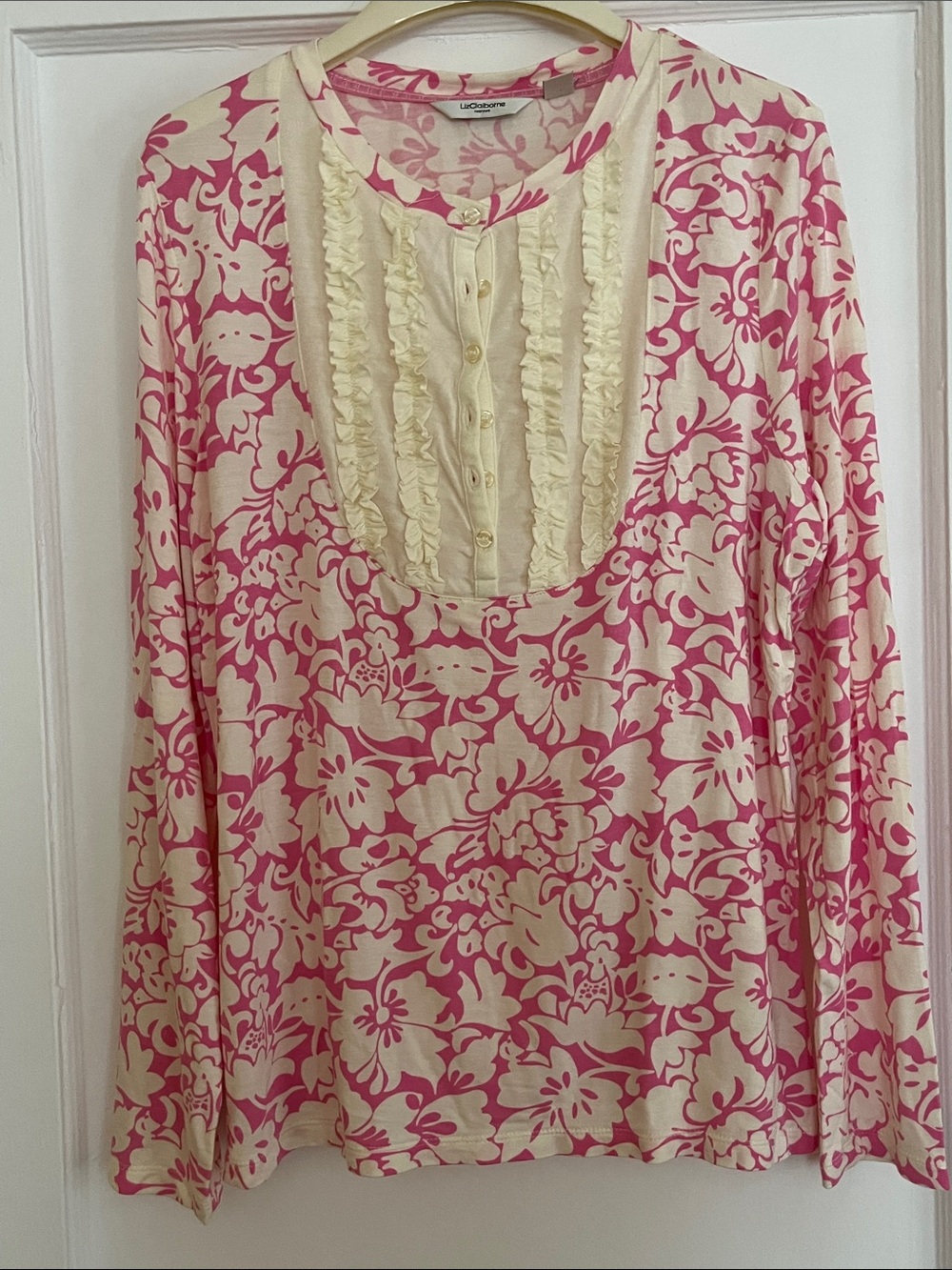 Liz Claiborne Pink and Cream Floral Ruffle-Front Long Sleeve Top L